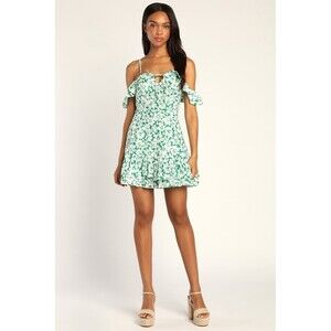 Lulus NWOT Ring in Spring Green Floral Print Cold Shoulder Mini Dress Size Small